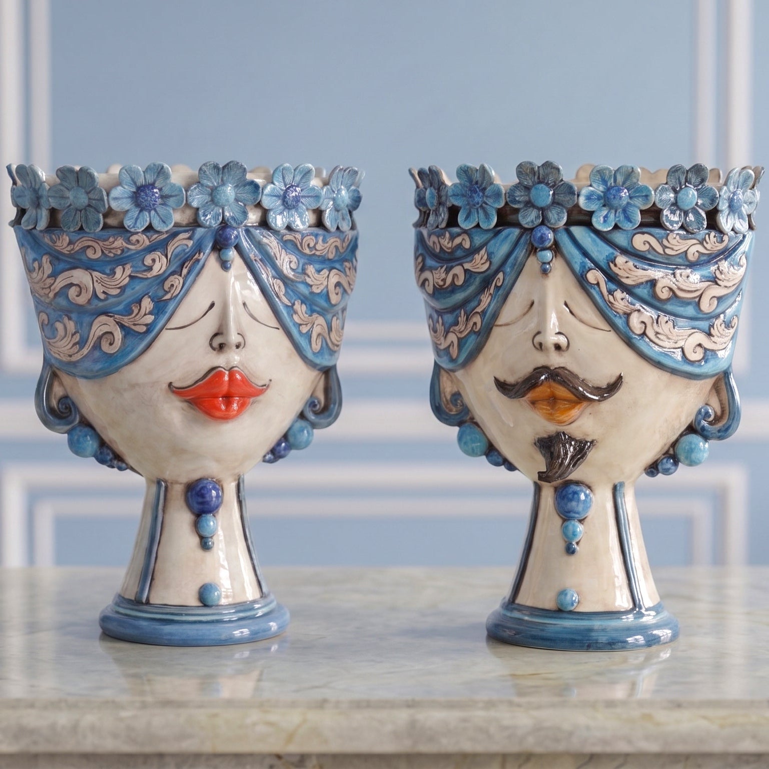 Testa Zahira con Fiori h 30 cm - Maschio, Madreperla Antichizzato | Ceramica Caltagirone