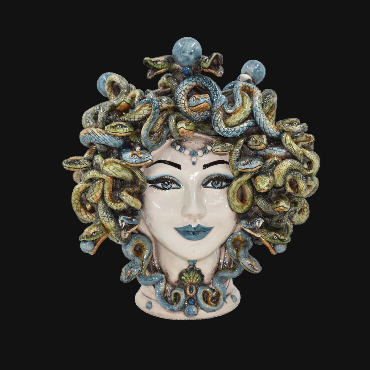 Testa Medusa h 30 cm - Madreperla Antichizzato, Perline Blu | Ceramica Caltagirone