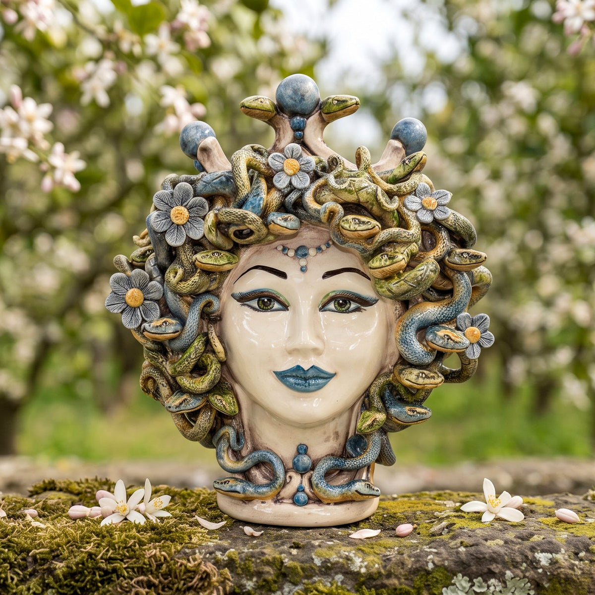Testa Medusa con fiori h 30 cm - Madreperla Colorato, Mono Blu | Ceramica Caltagirone