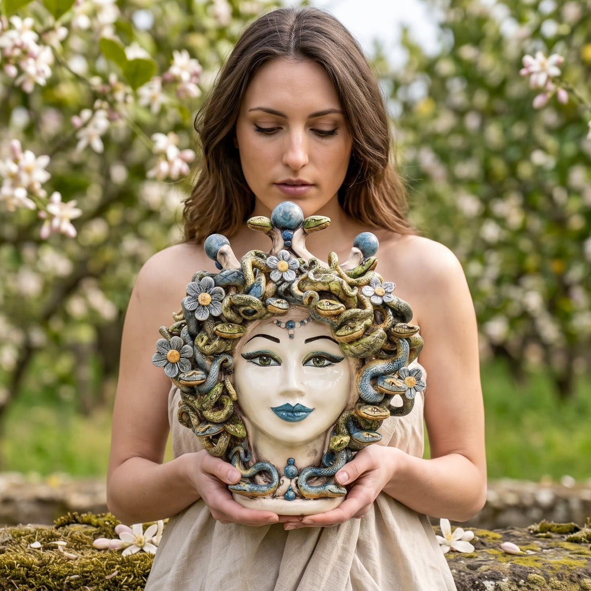 Testa Medusa con fiori h 30 cm - Madreperla Colorato, Mono Blu | Ceramica Caltagirone