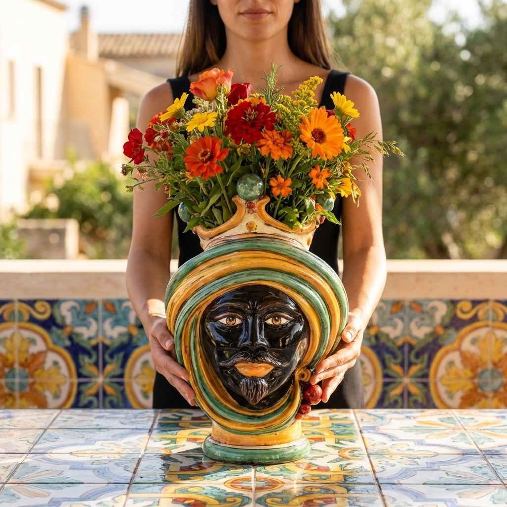 Testa di Moro h 30 in verde e arancio maschio moro in Ceramica di Caltagirone