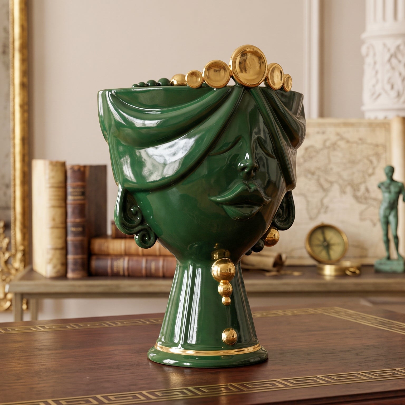 Testa Zahira h 30 cm - Donna, Verde e Oro | Ceramica Caltagirone