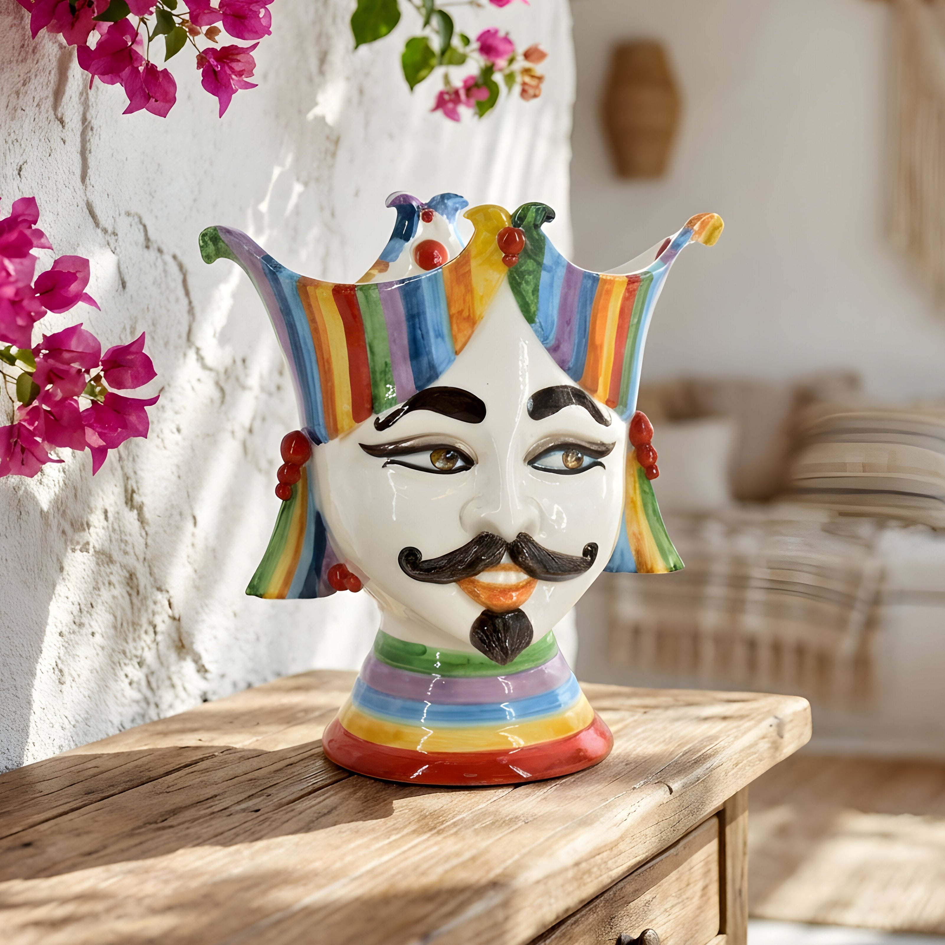 Testa di Moro "Aisha" 25 cm White and Color - Viso Uomo in Ceramica Siciliana