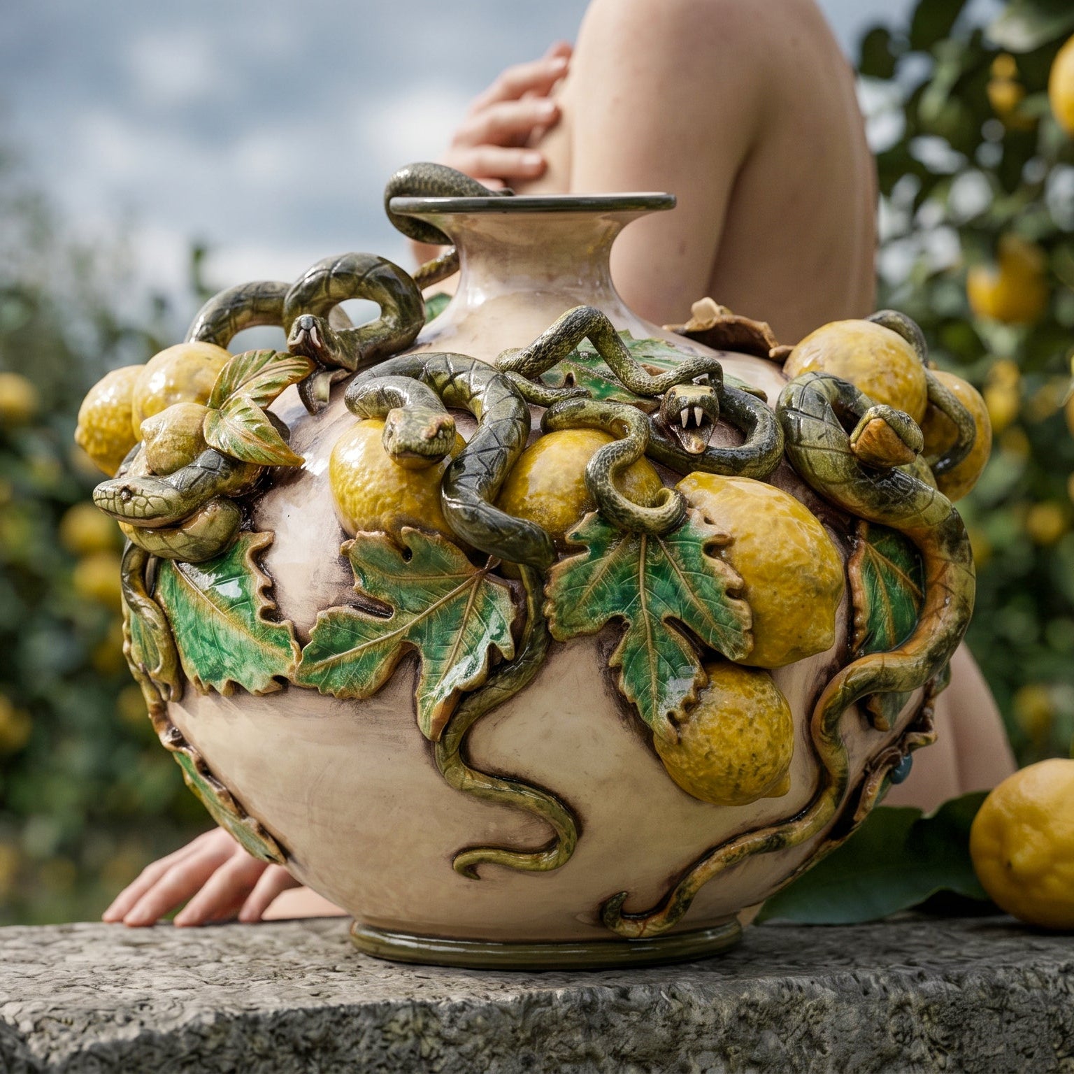Vaso Boccia Eden con Limoni Applicati in Ceramica di Caltagirone — Linea Giardini dell'Eden, Madreperla
