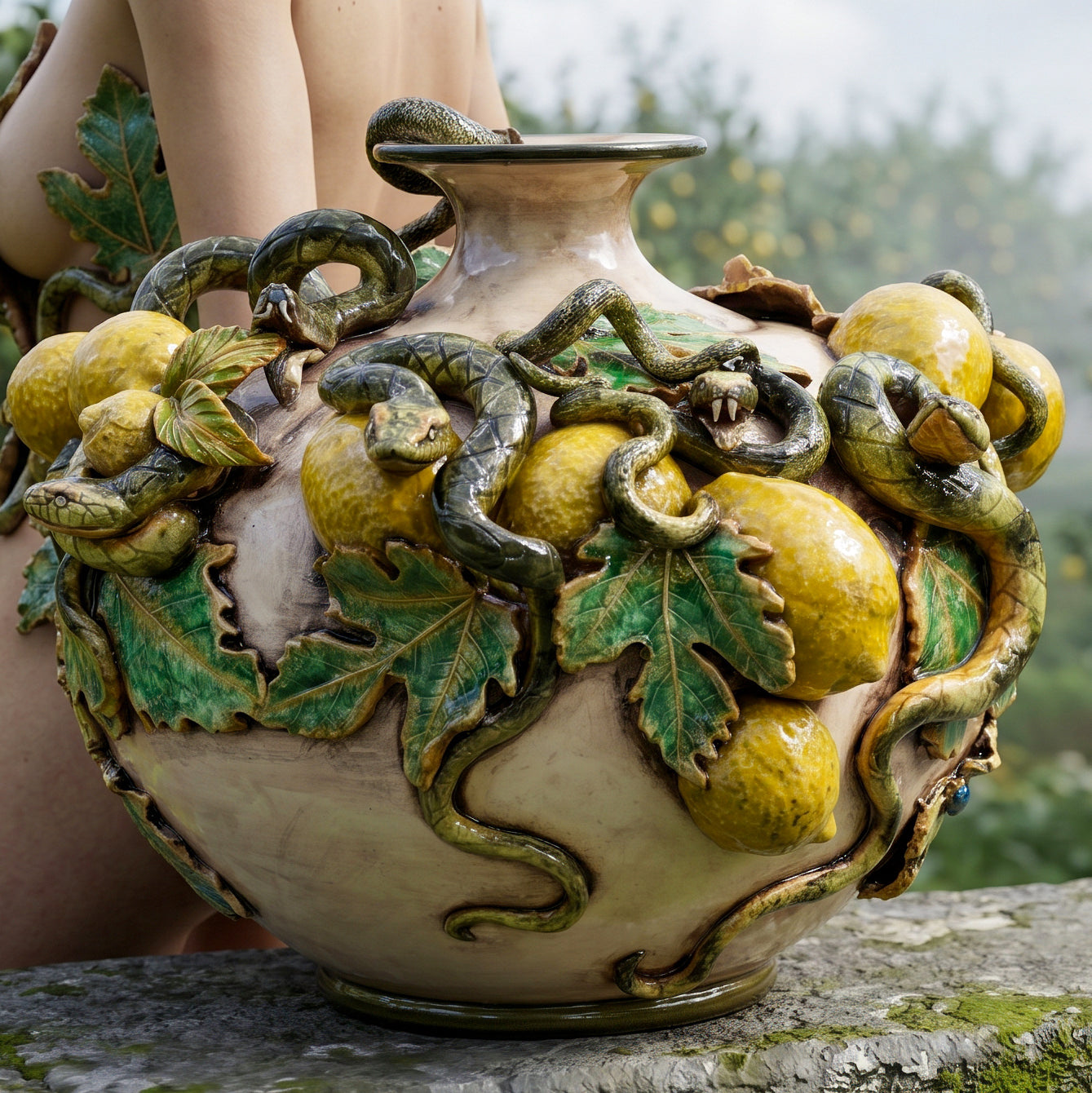 Vaso Boccia Eden con Limoni Applicati in Ceramica di Caltagirone — Linea Giardini dell'Eden, Madreperla
