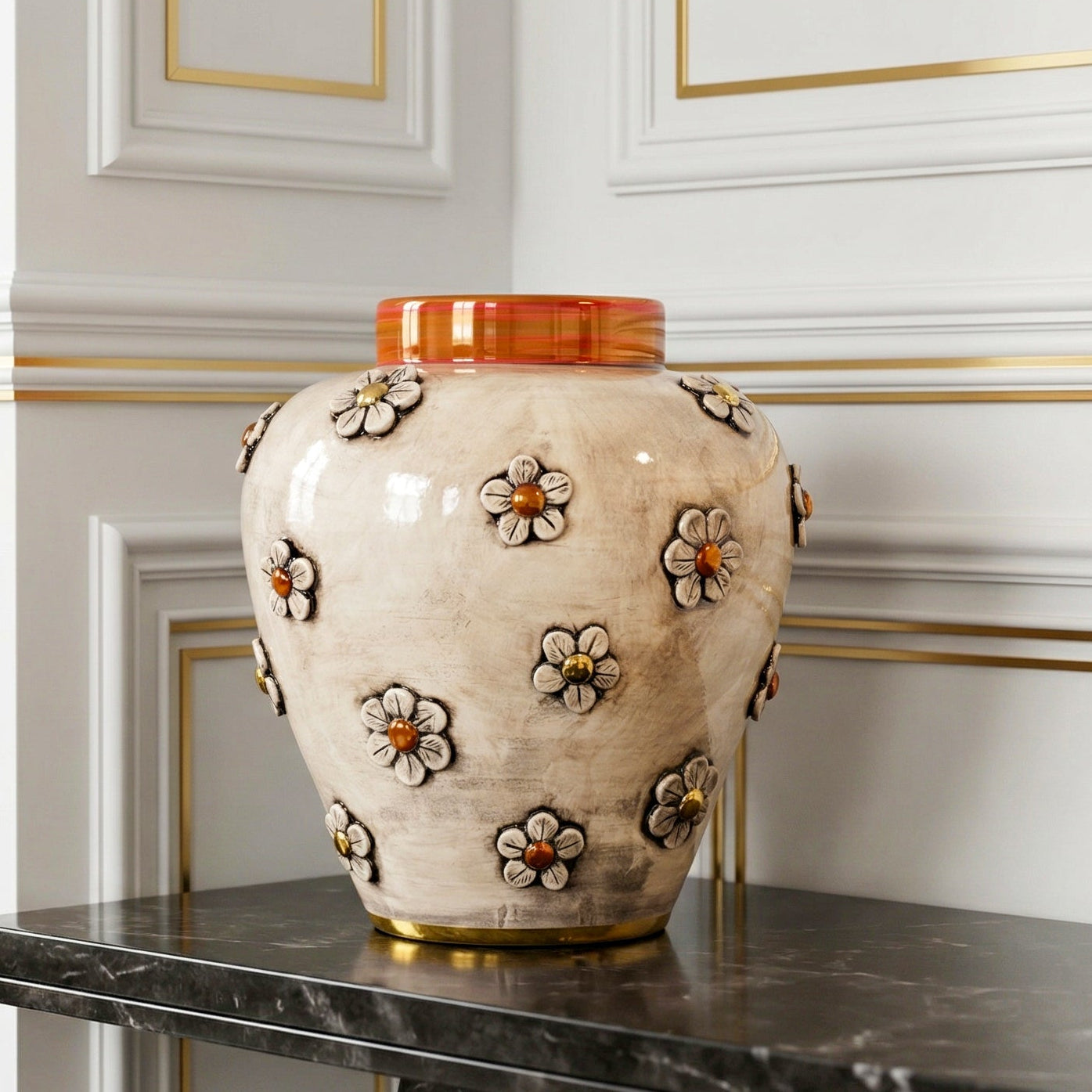 Vaso boccia c/fiori h 27 madreperla antichizzato oro e lustri