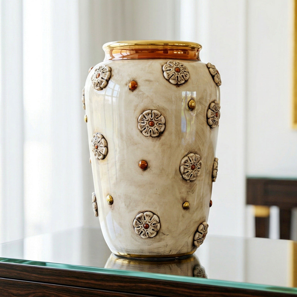 Vaso con Rosone in Ceramica di Caltagirone h 37 cm - Madreperla Antichizzato Oro e Lustri