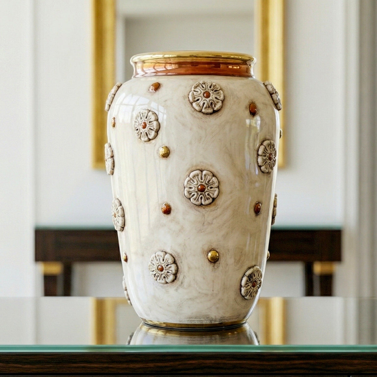 Vaso con Rosone in Ceramica di Caltagirone h 37 cm - Madreperla Antichizzato Oro e Lustri