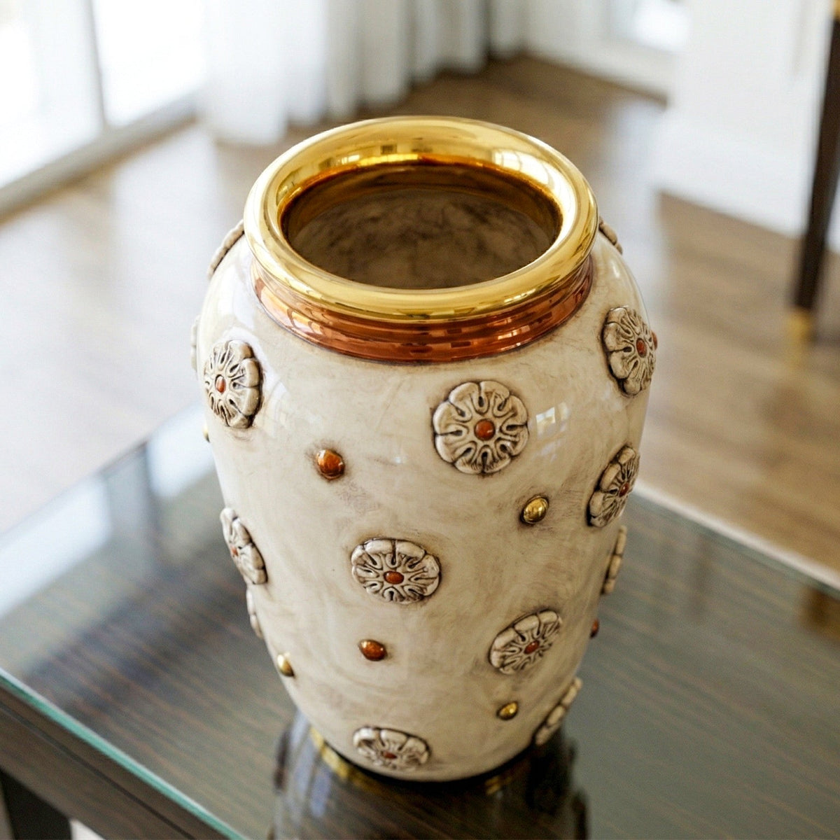Vaso con Rosone in Ceramica di Caltagirone h 37 cm - Madreperla Antichizzato Oro e Lustri