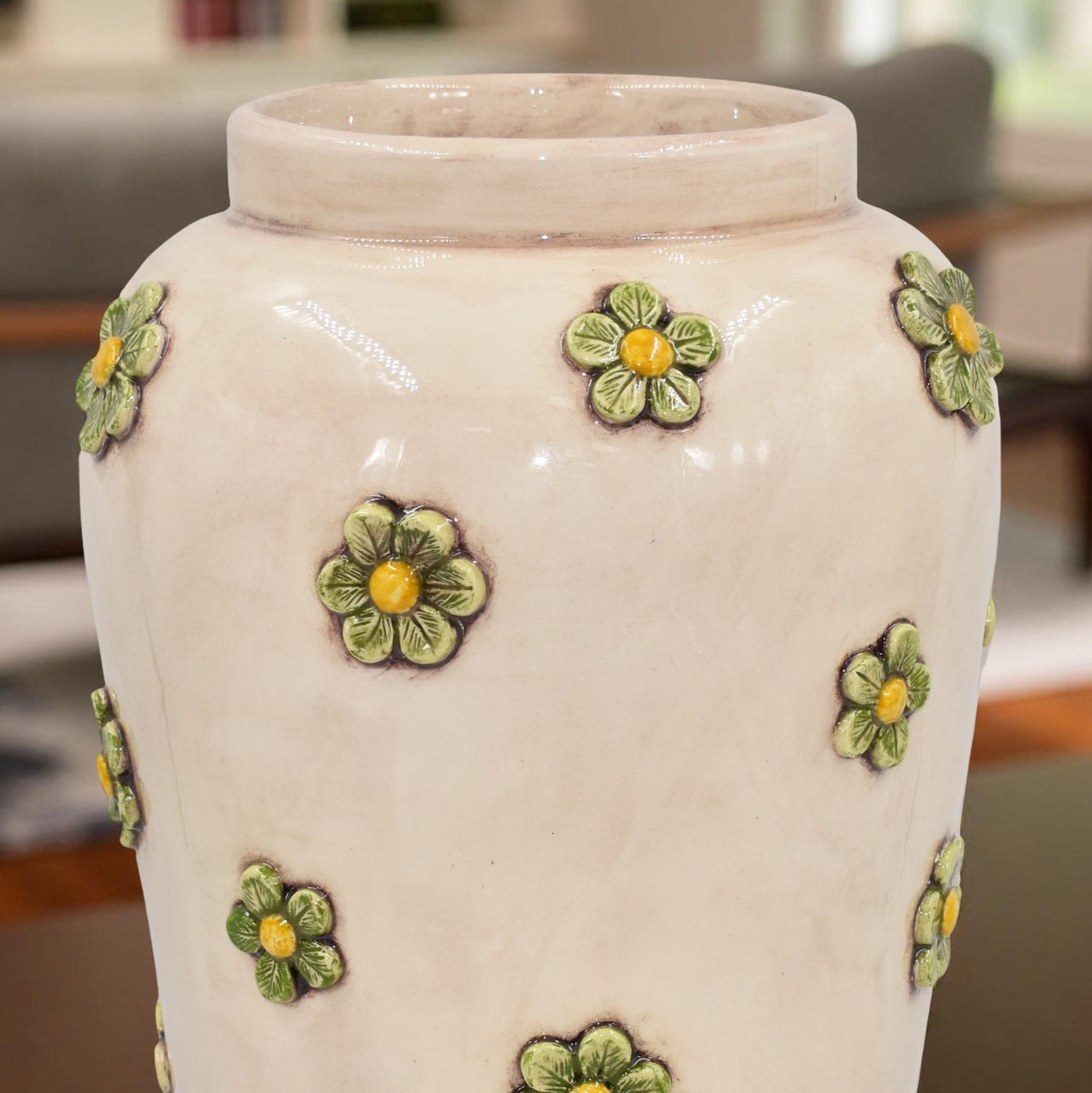 Vaso boccia c/fiori h 40 madreperla colorato fiori gialli e verde