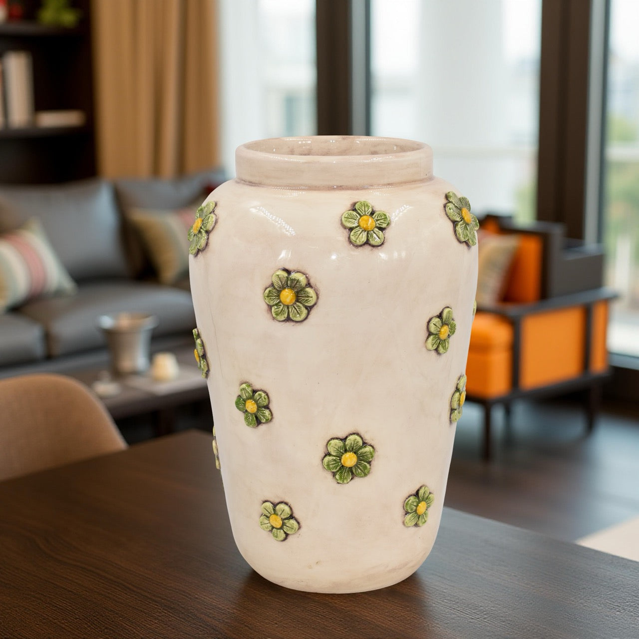 Vaso boccia c/fiori h 40 madreperla colorato fiori gialli e verde