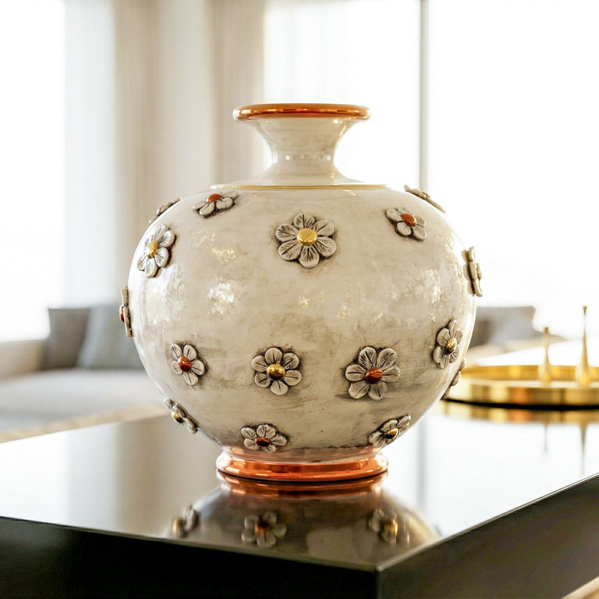 Vaso Palla con Fiori in Ceramica di Caltagirone h 35 cm - Madreperla Antichizzato Oro e Lustri