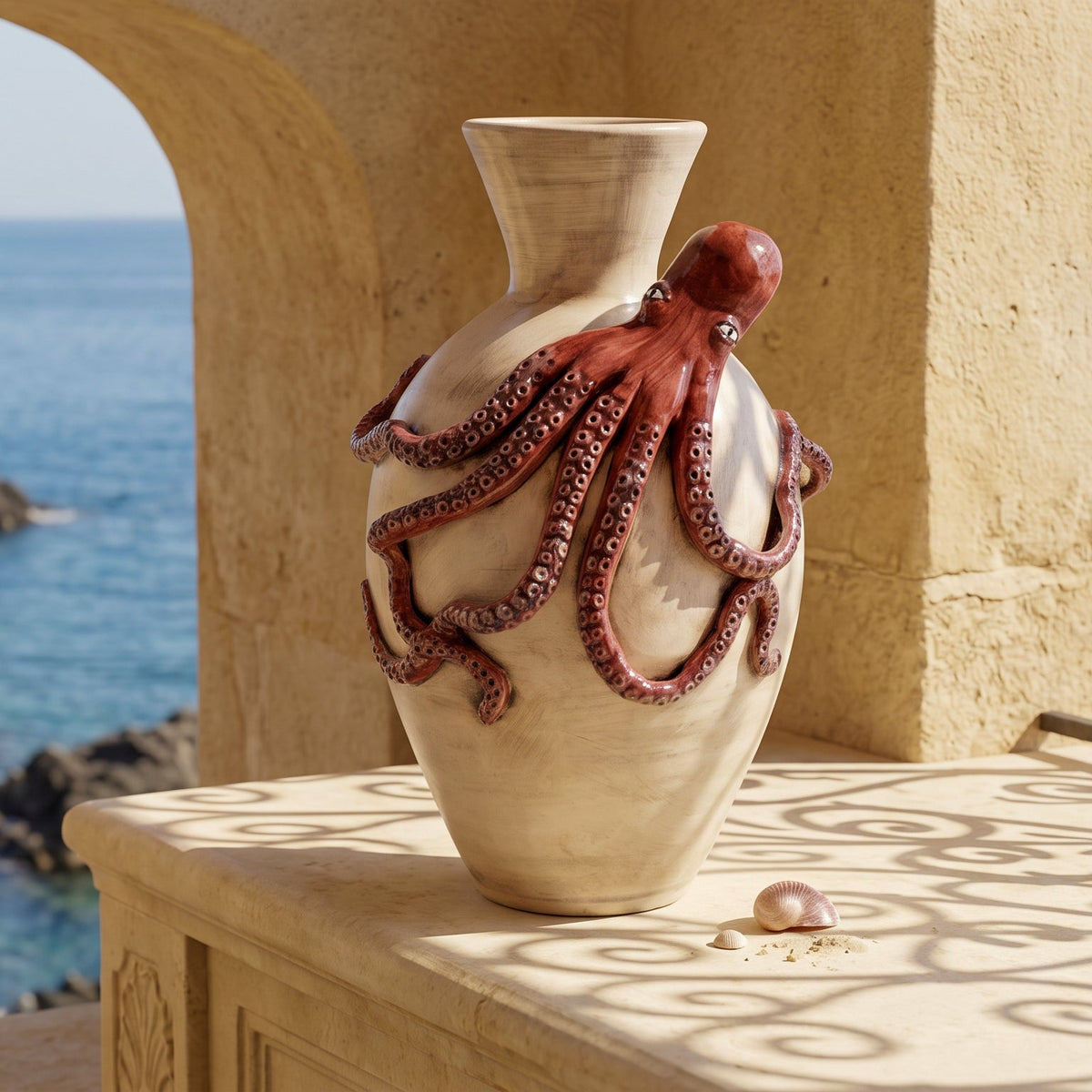 Vaso Polpo in Ceramica di Caltagirone h 40 cm - Polpo Rosso, Madreperla Antichizzato
