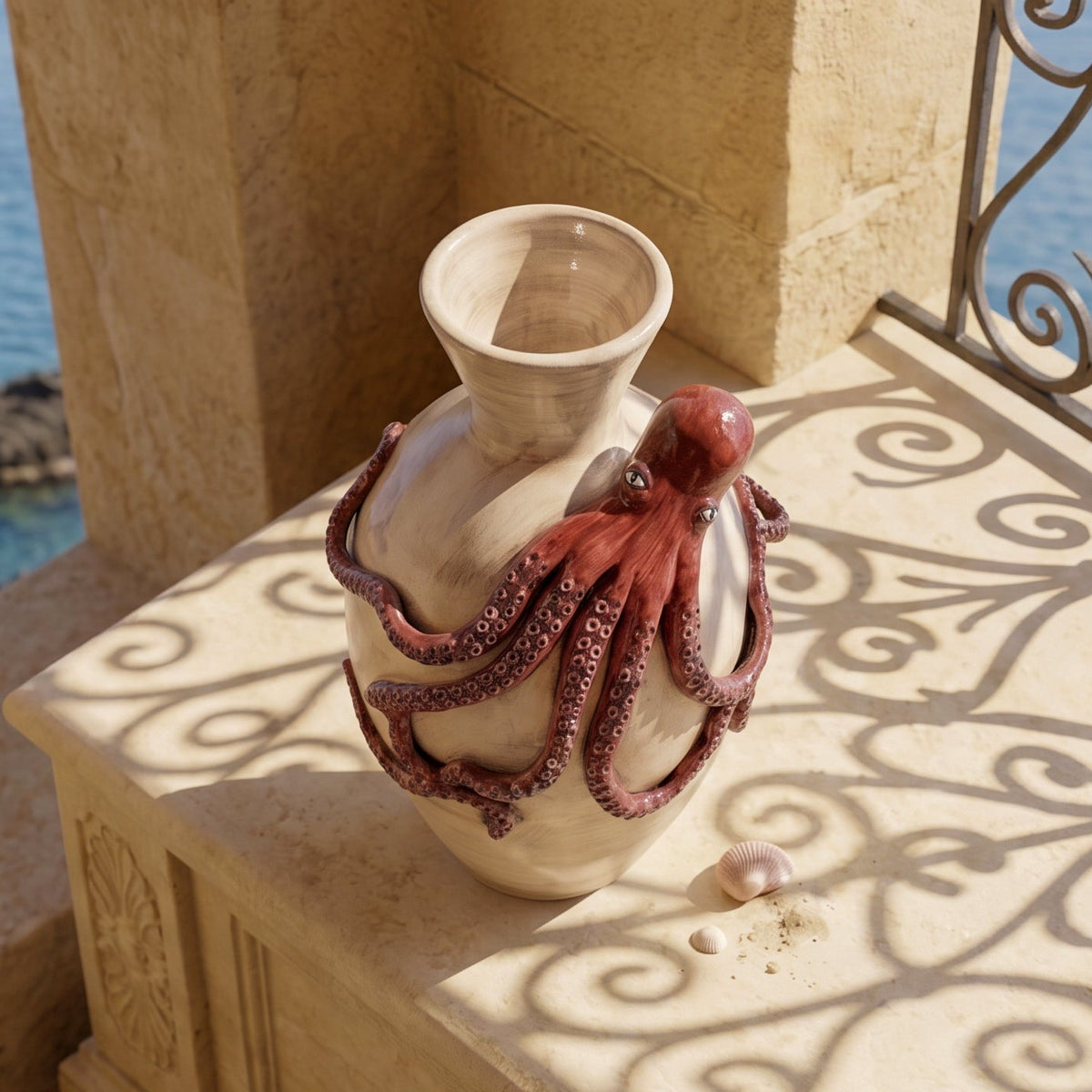 Vaso Polpo in Ceramica di Caltagirone h 40 cm - Polpo Rosso, Madreperla Antichizzato