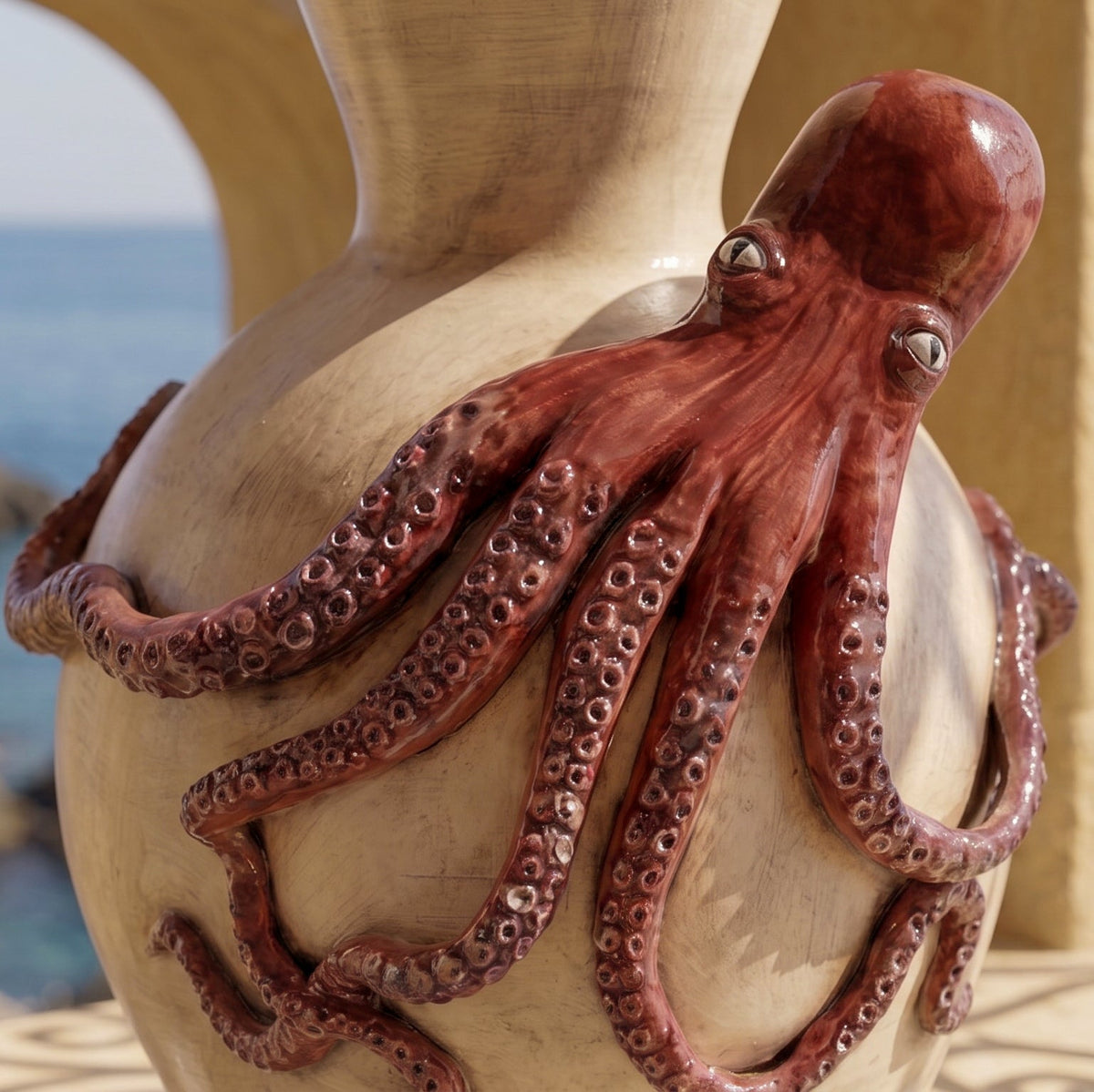 Vaso Polpo in Ceramica di Caltagirone h 40 cm - Polpo Rosso, Madreperla Antichizzato