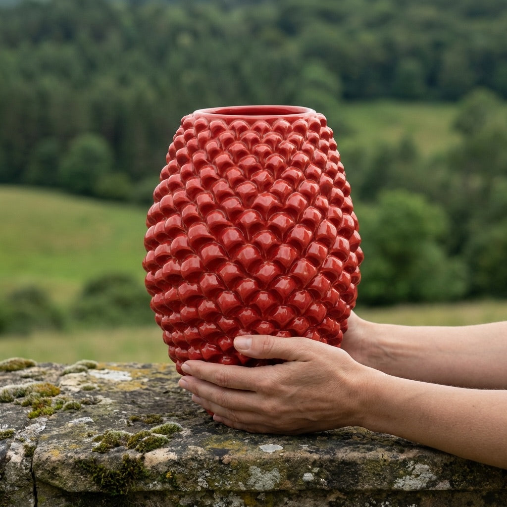 Vaso pigna botte artigianale in ceramica di Caltagirone modellata a mano Rosso Fuoco