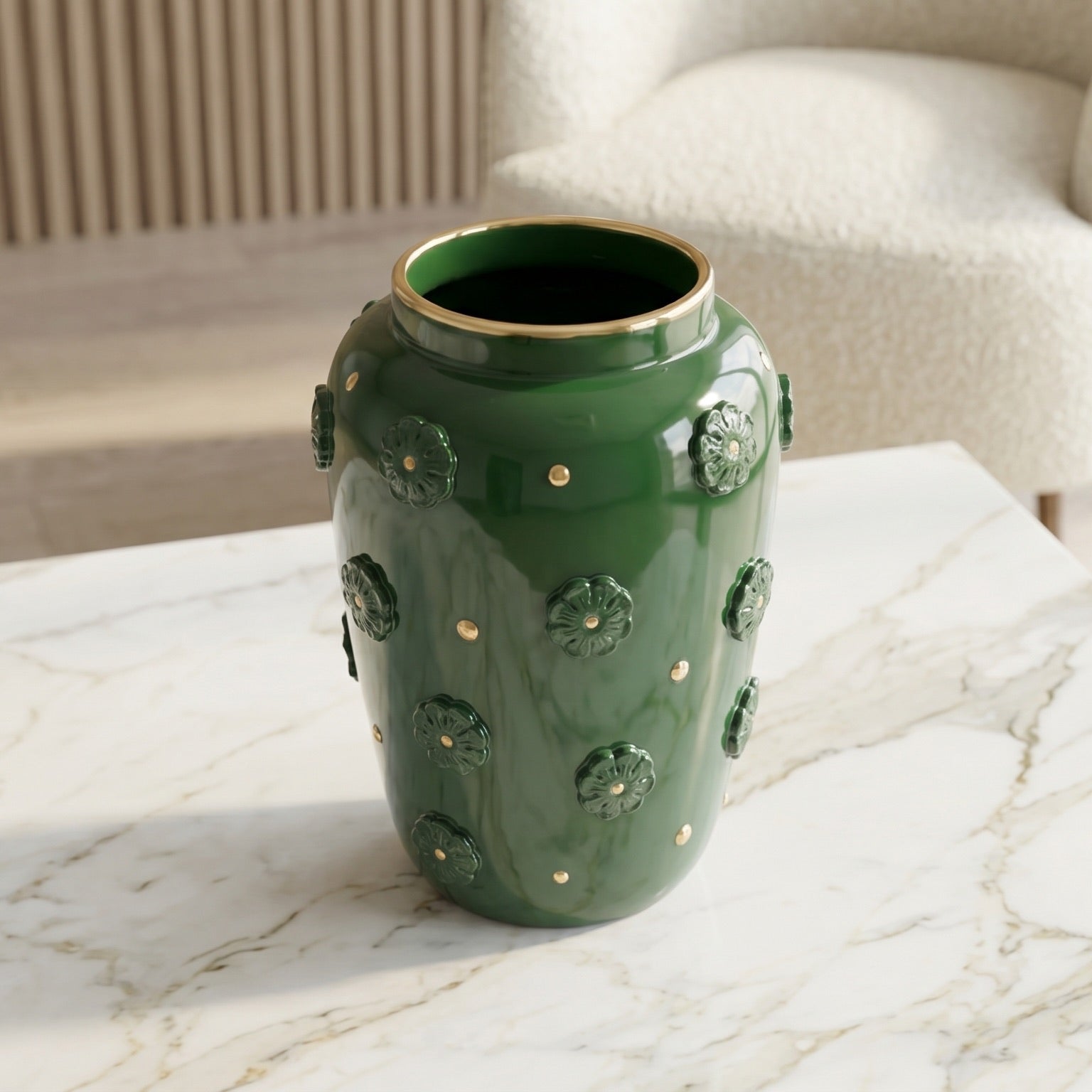 Vaso in Ceramica di Caltagirone h 37 cm — Rosone, Verde Antico e Oro