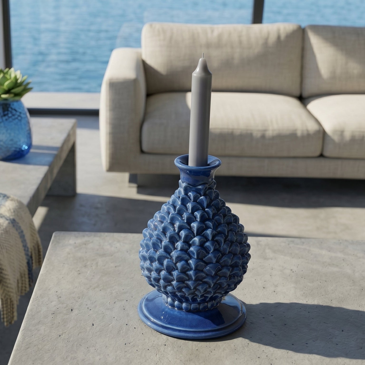 Portacandela a Pigna in Ceramica di Caltagirone h 18 cm — Blu Intenso | Bomboniera