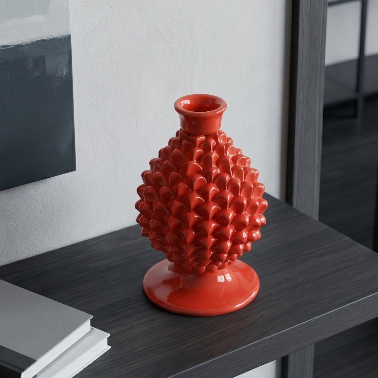 Portacandela a Pigna in Ceramica di Caltagirone h 18 cm — Rosso Fuoco | Bomboniera