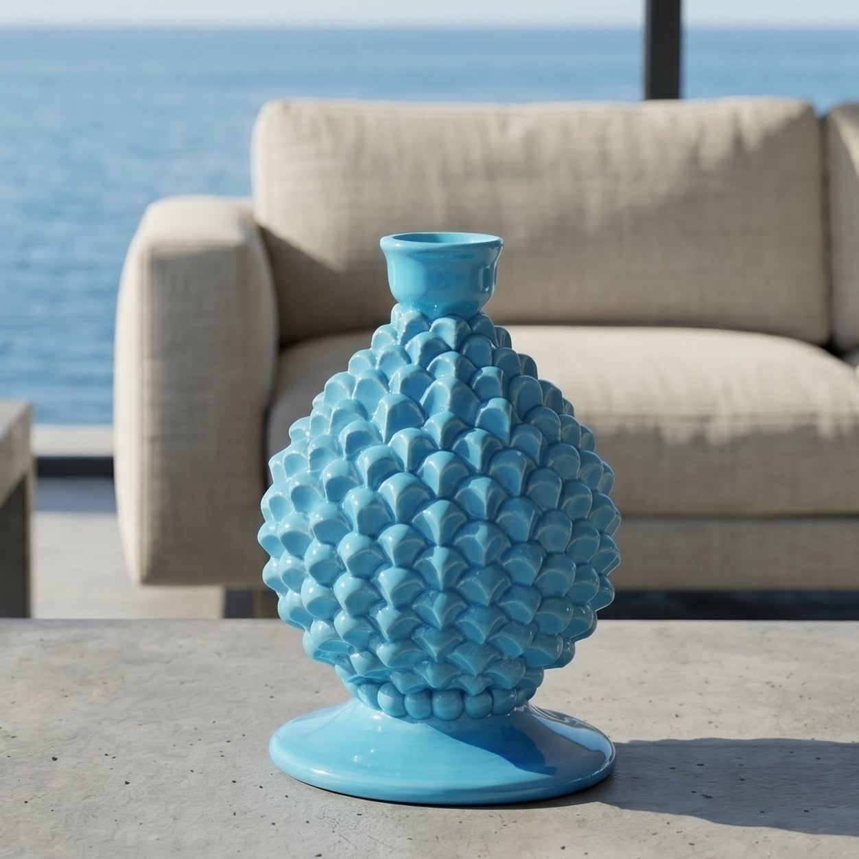 Portacandela a Pigna in Ceramica di Caltagirone h 18 cm — Turchese | Bomboniera