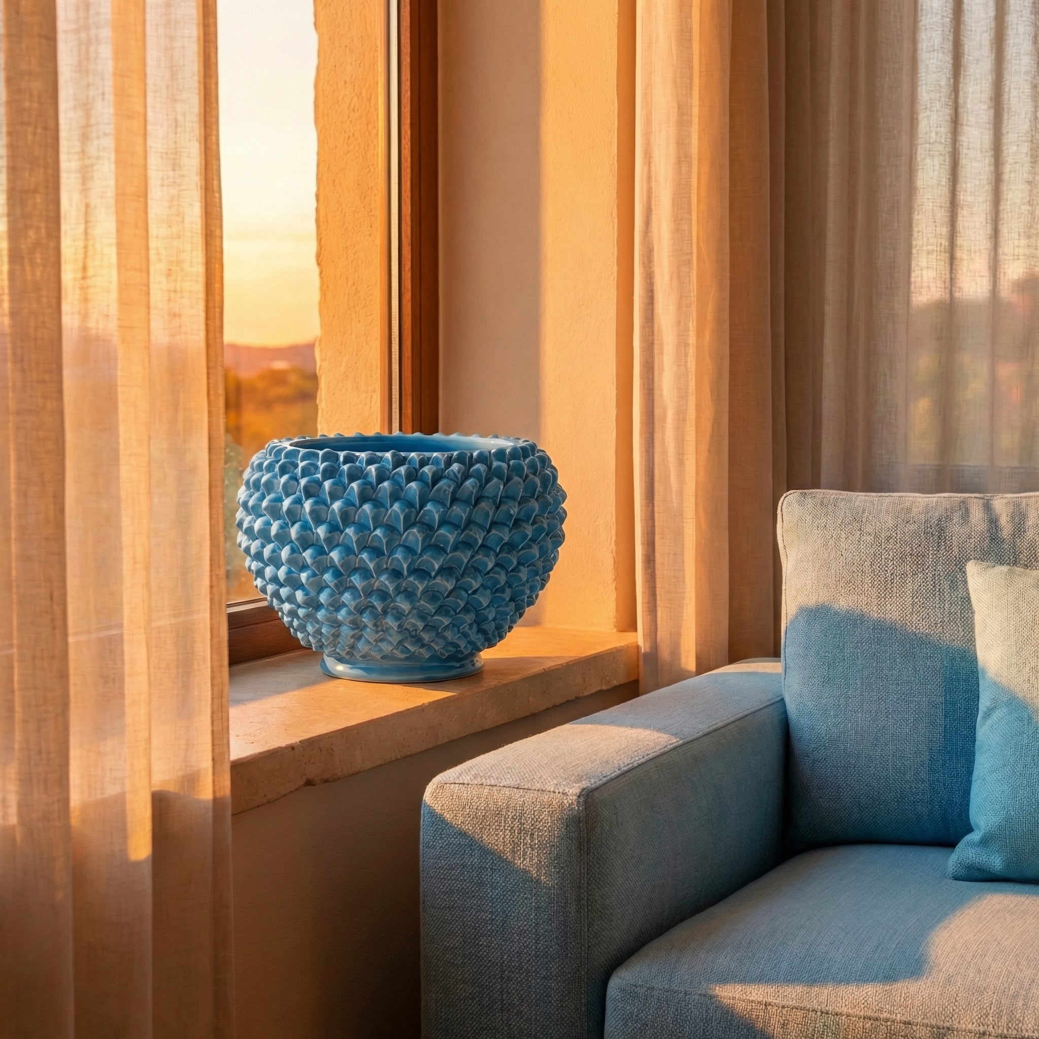 Cachepot a pigna turchese in ceramica artigianale di Caltagirone