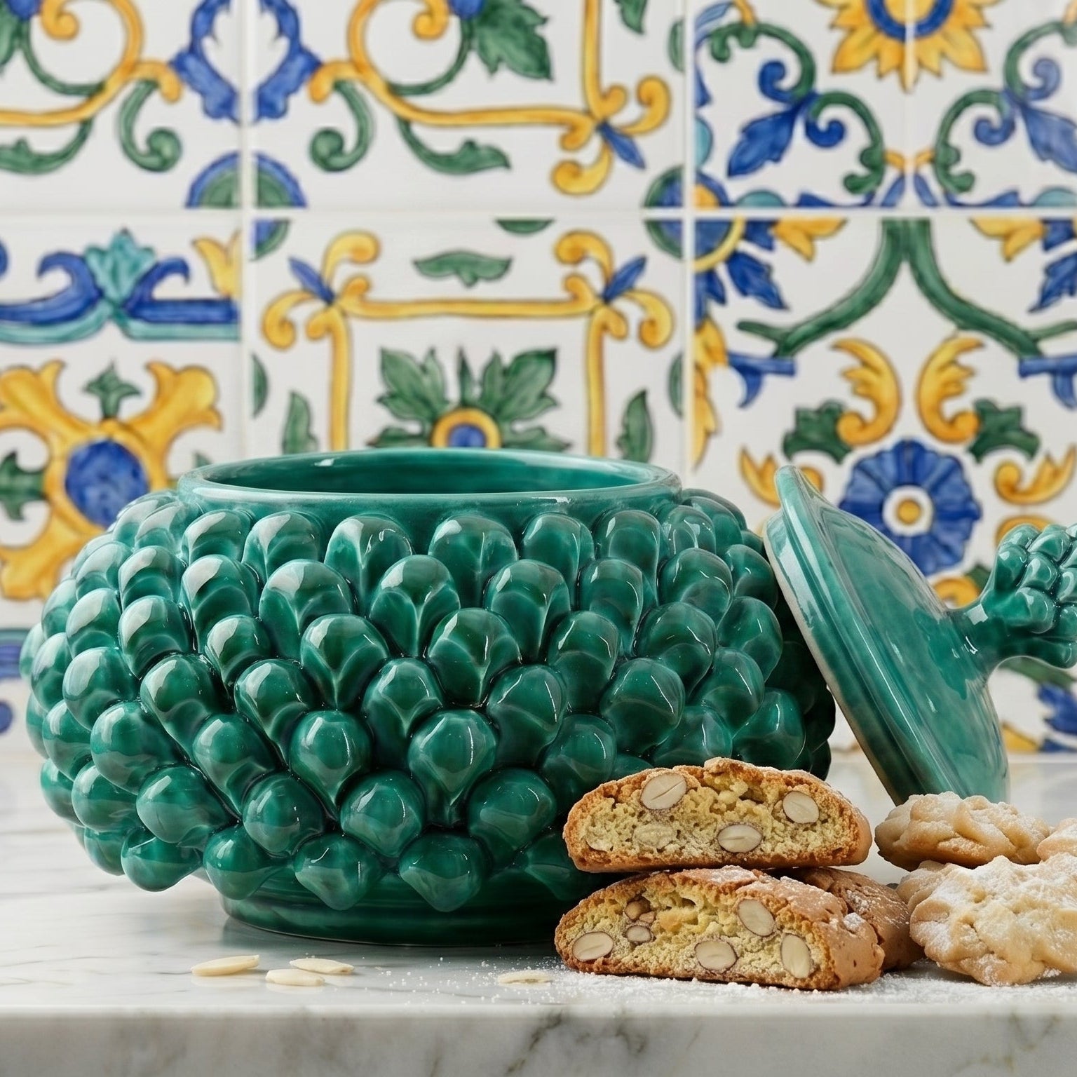 Biscottiera a Pigna in Ceramica di Caltagirone Ø 20 cm — Verde Smeraldo