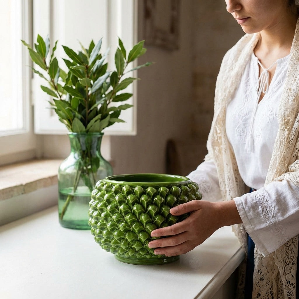 Vaso mezza pigna s/piede verde foglia in ceramica di Caltagirone