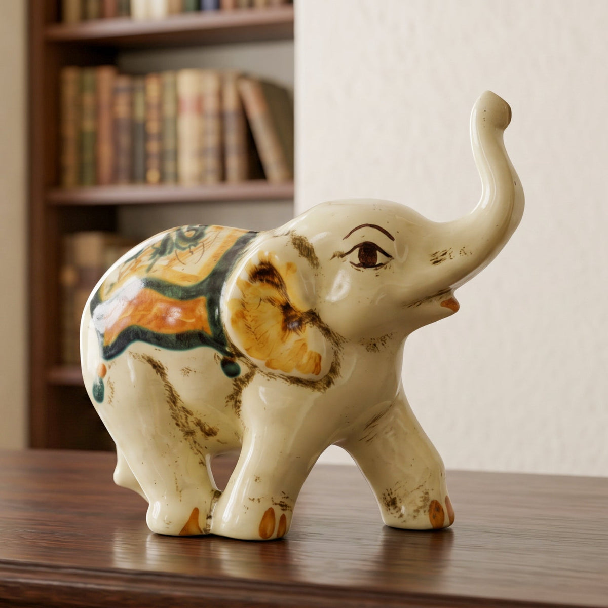 Elefante in Ceramica di Caltagirone - Verde e Arancio, Serie d'Arte