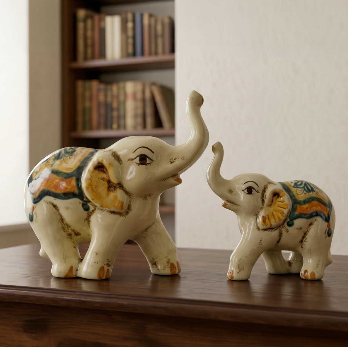 Elefante in Ceramica di Caltagirone - Verde e Arancio, Serie d'Arte