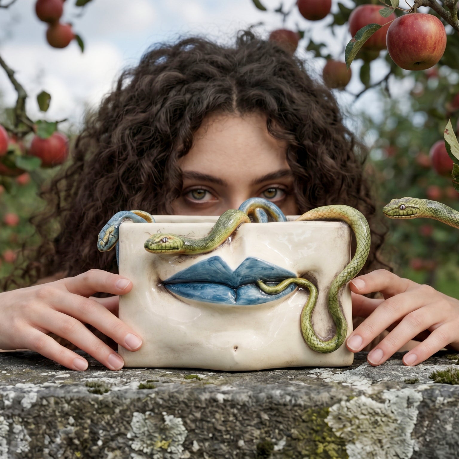 Scatola Medusa in Ceramica di Caltagirone — Labbra Blu e Serpenti Applicati, Madreperla Antichizzato