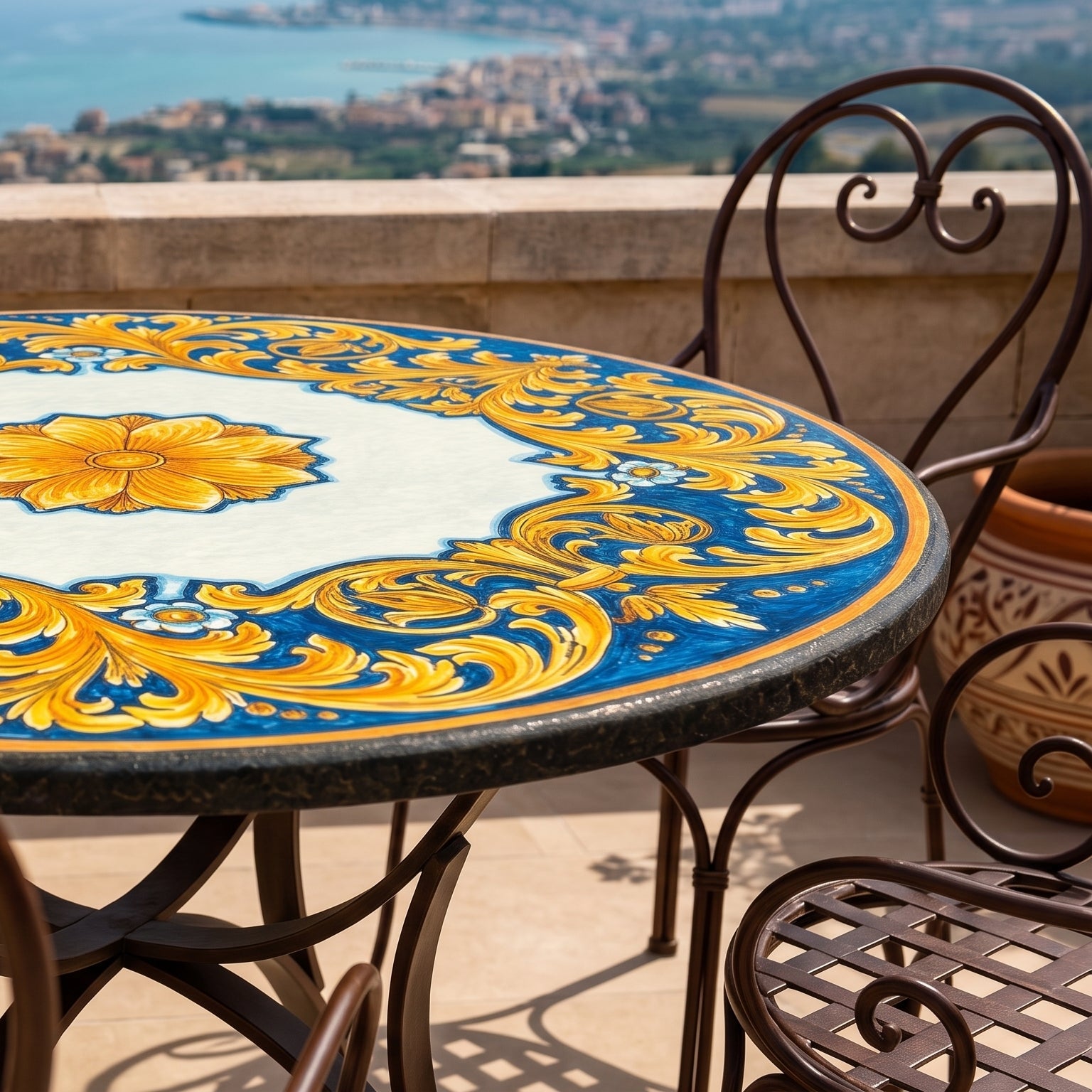 Tavolo in Pietra Lavica di Caltagirone — Cornice, Ornato Fondo Blu