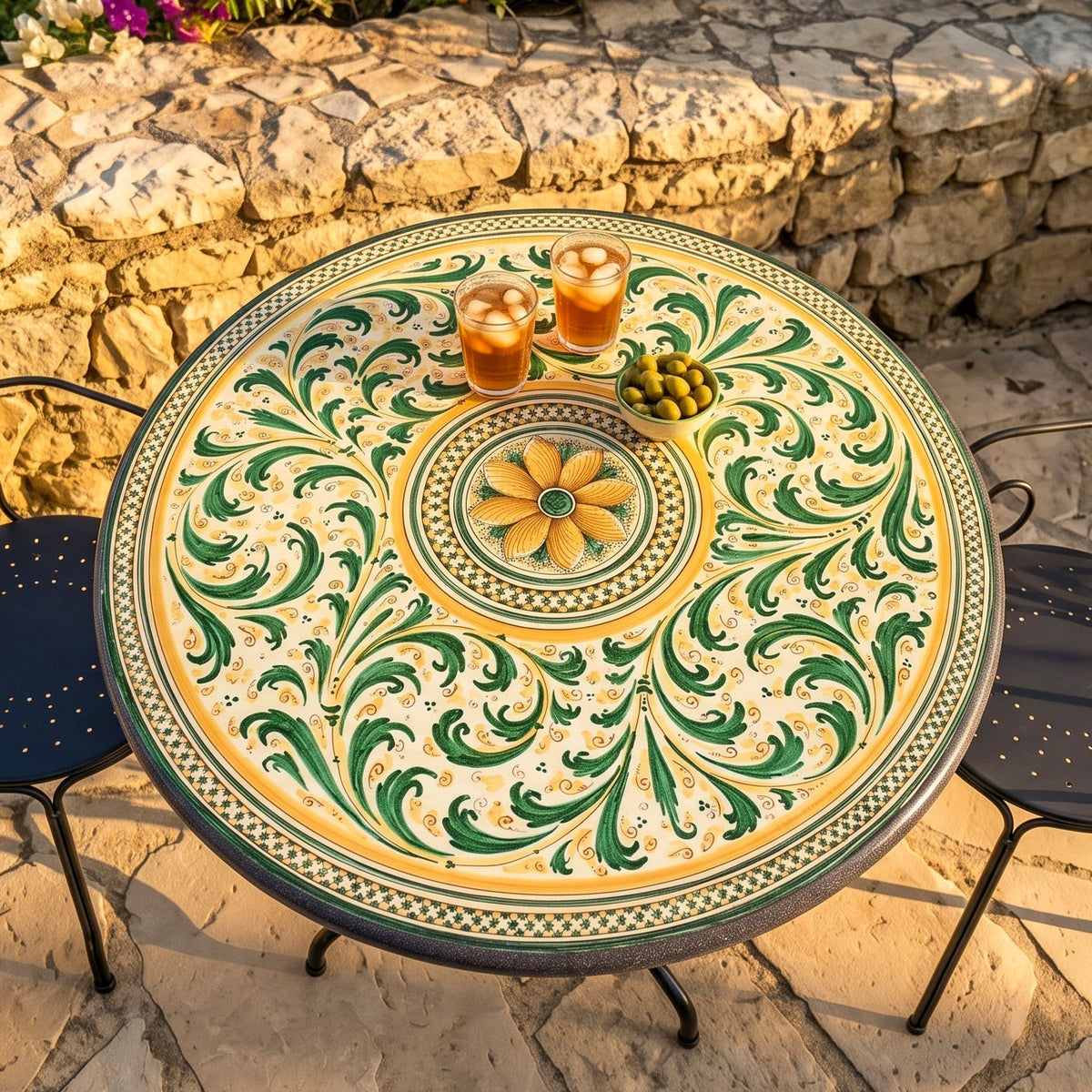 Tavolo in Pietra Lavica di Caltagirone - Verde e Arancio
