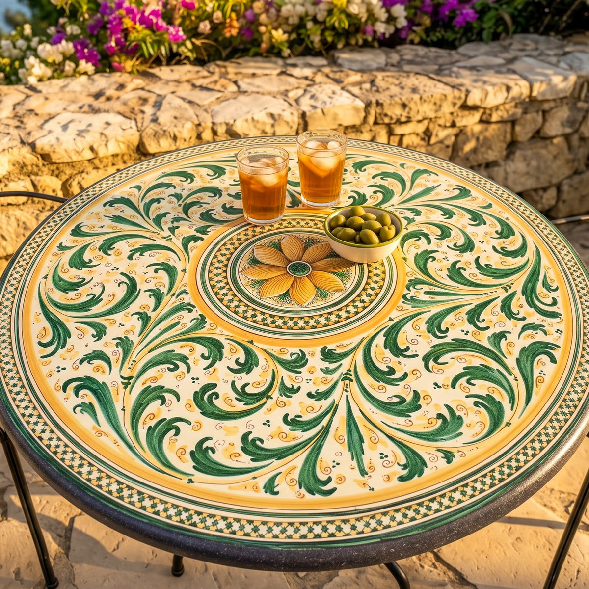 Tavolo in Pietra Lavica di Caltagirone - Verde e Arancio