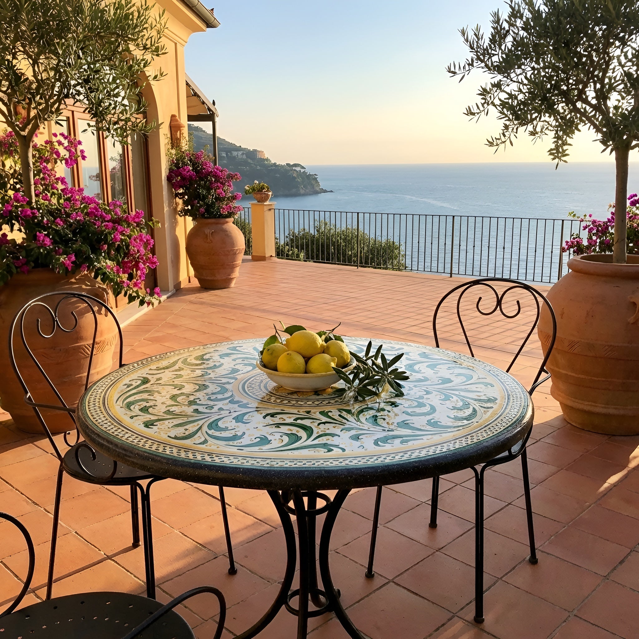 Tavolo in pietra lavica con decoro in verde e arancio