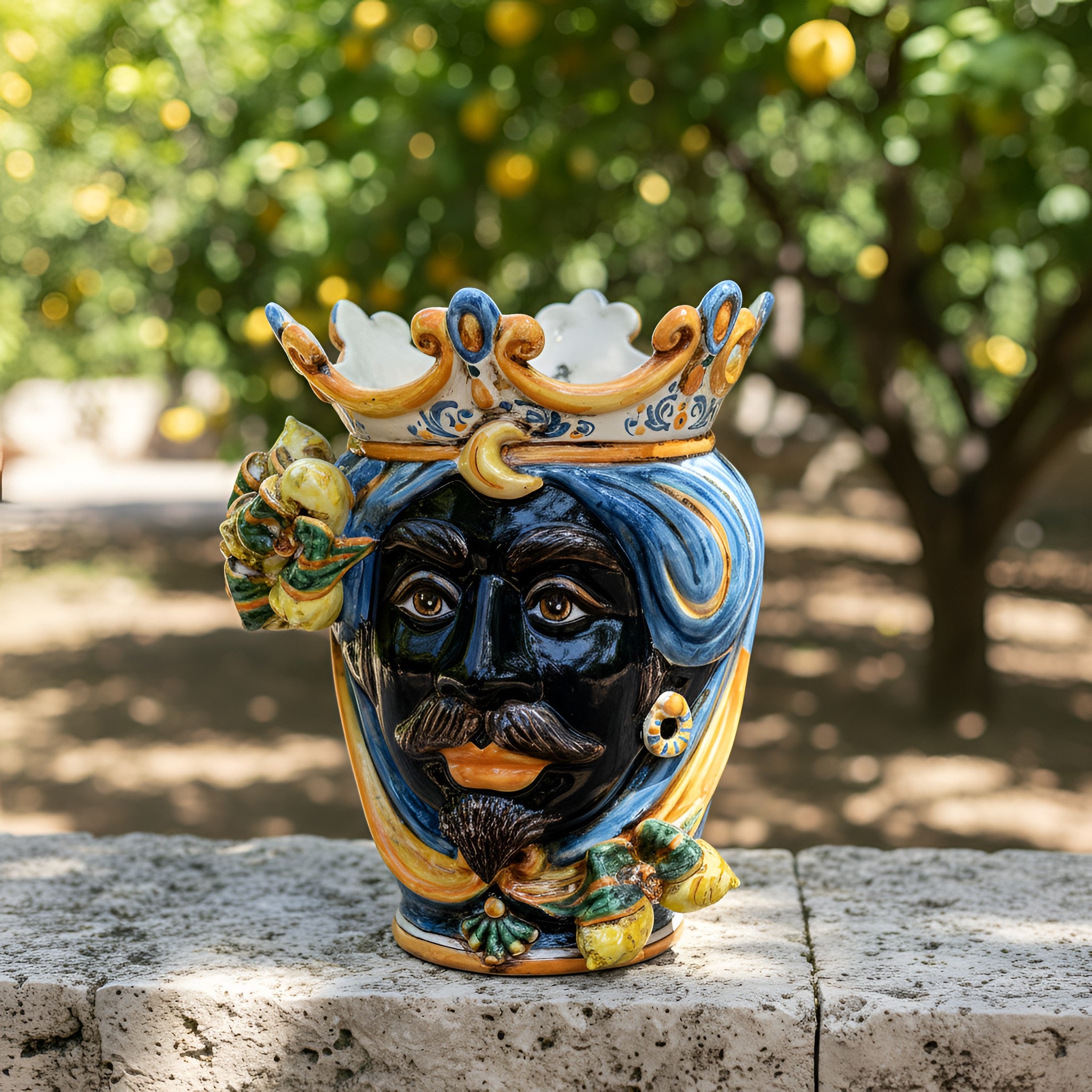 Testa di Moro con Limoni h 25 cm — Maschio Moro, Blu e Arancio