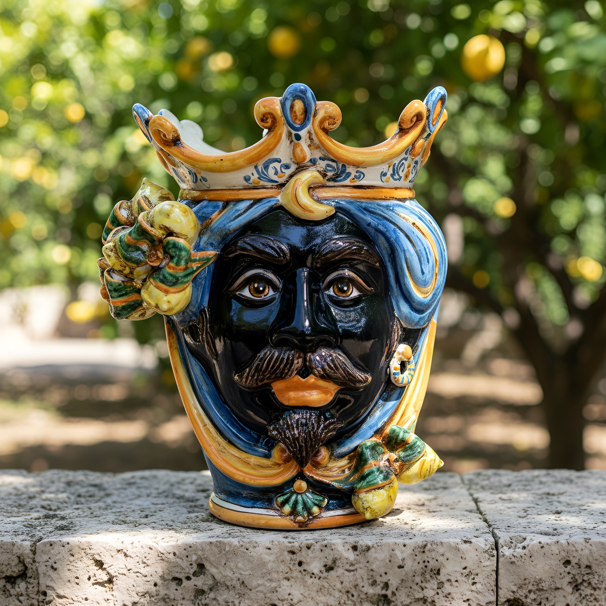 Testa h 25 cm limoni blu e arancio maschio moro