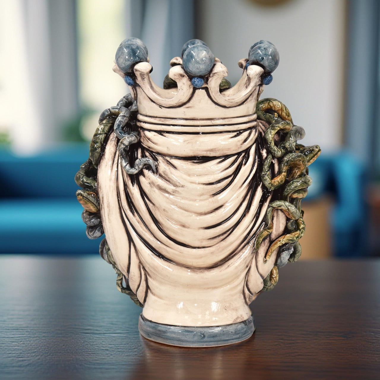 Testa h 25 turbante medusa madreperla colorato perline blu