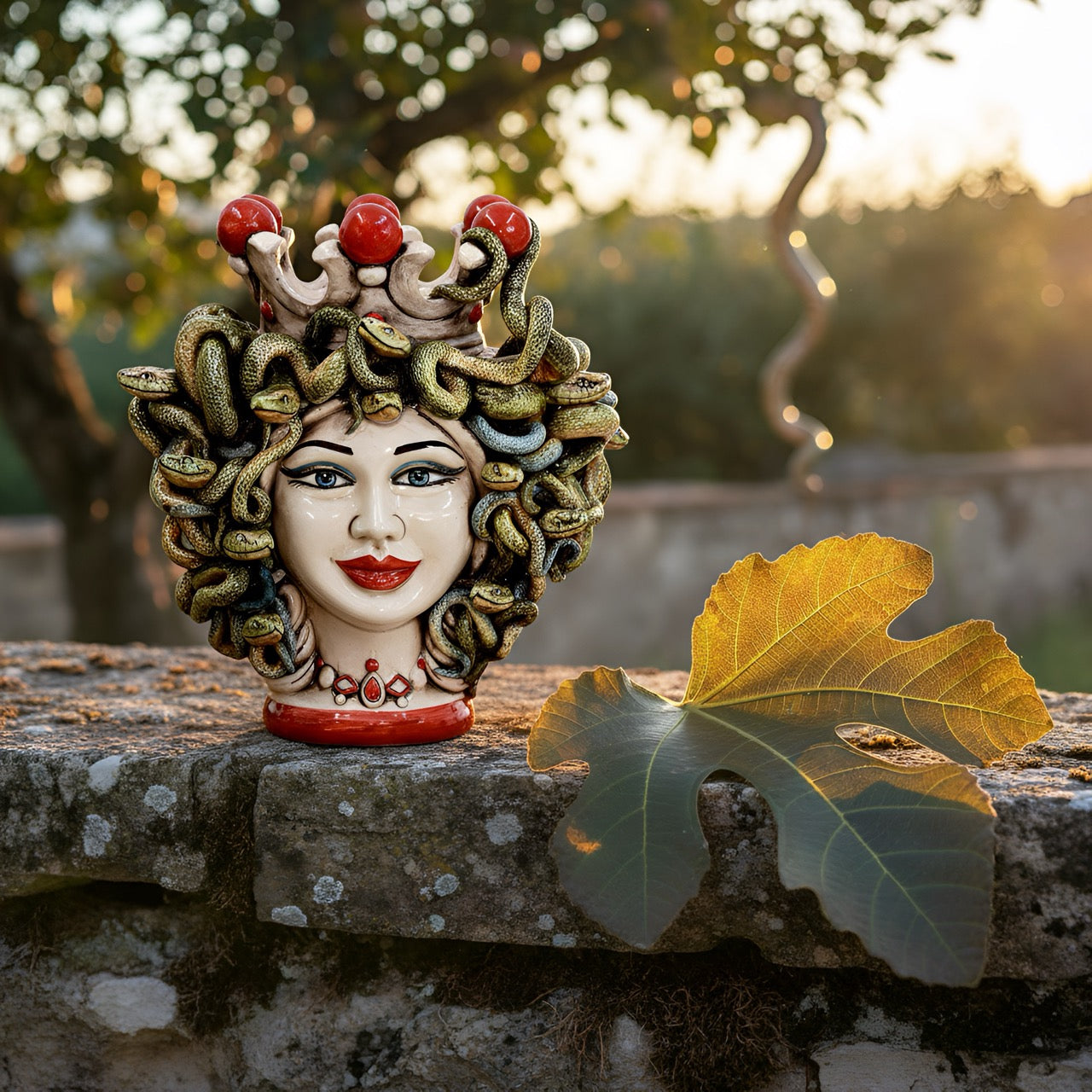 Testa h 25 turbante medusa madreperla colorato perline rosse