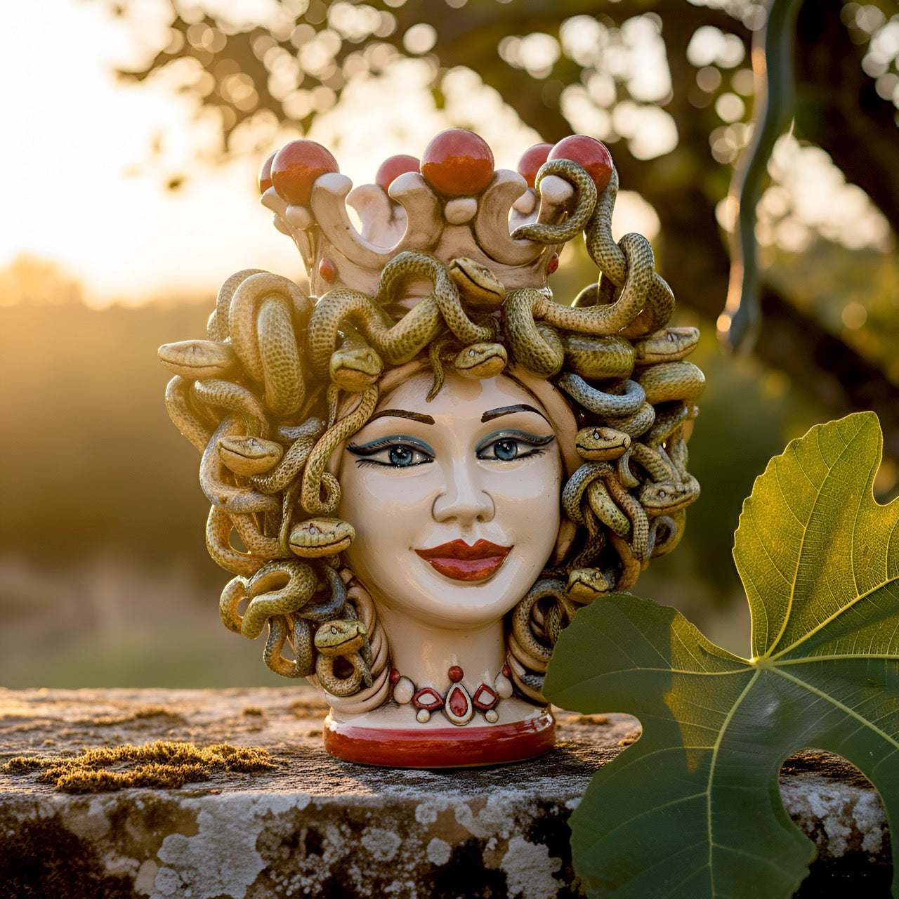 Testa h 25 turbante medusa madreperla colorato perline rosse