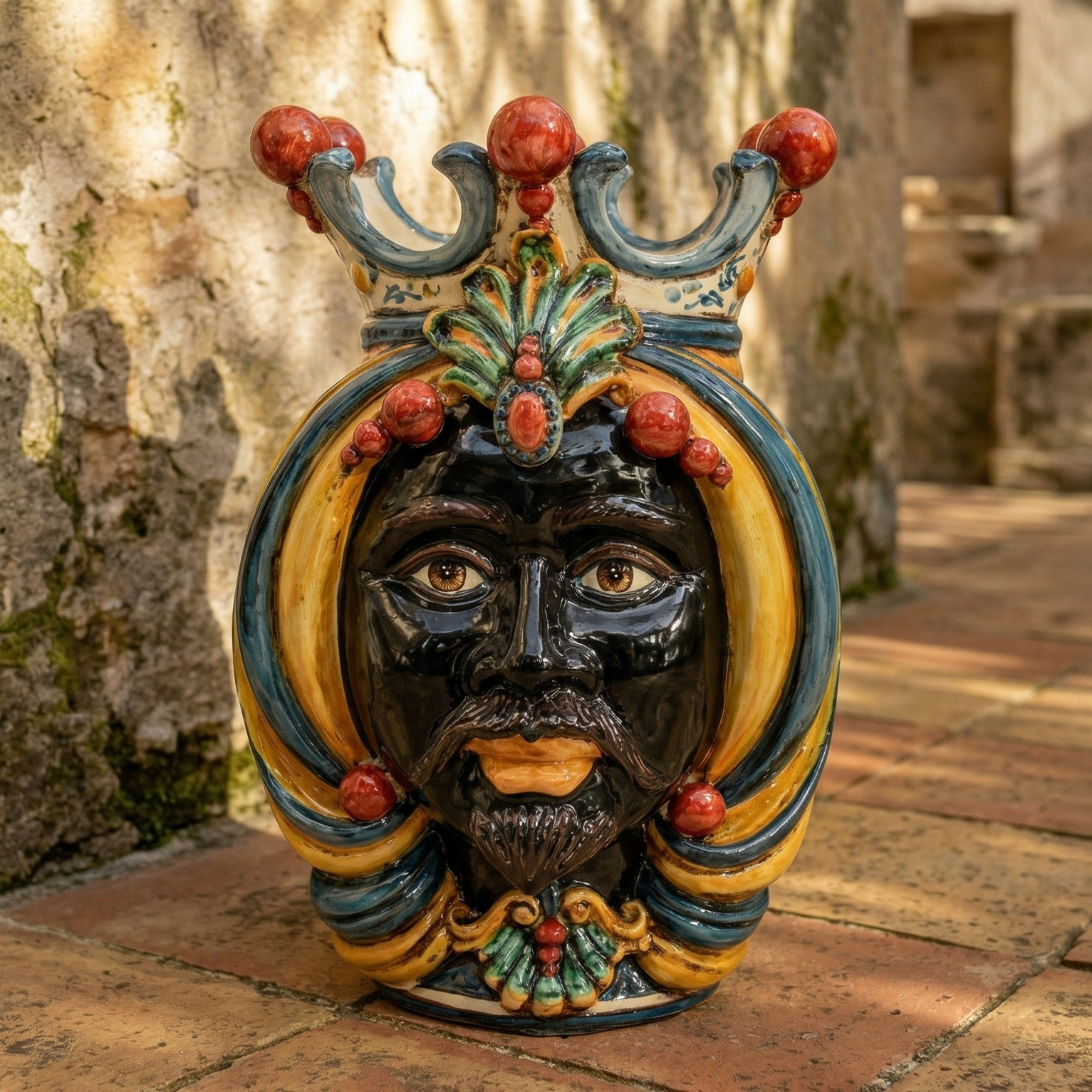 Maurenkopf-Vase H 38 cm, Maurischer Mann, Decoro Sicily – Testa di Moro aus Caltagirone, Sizilien