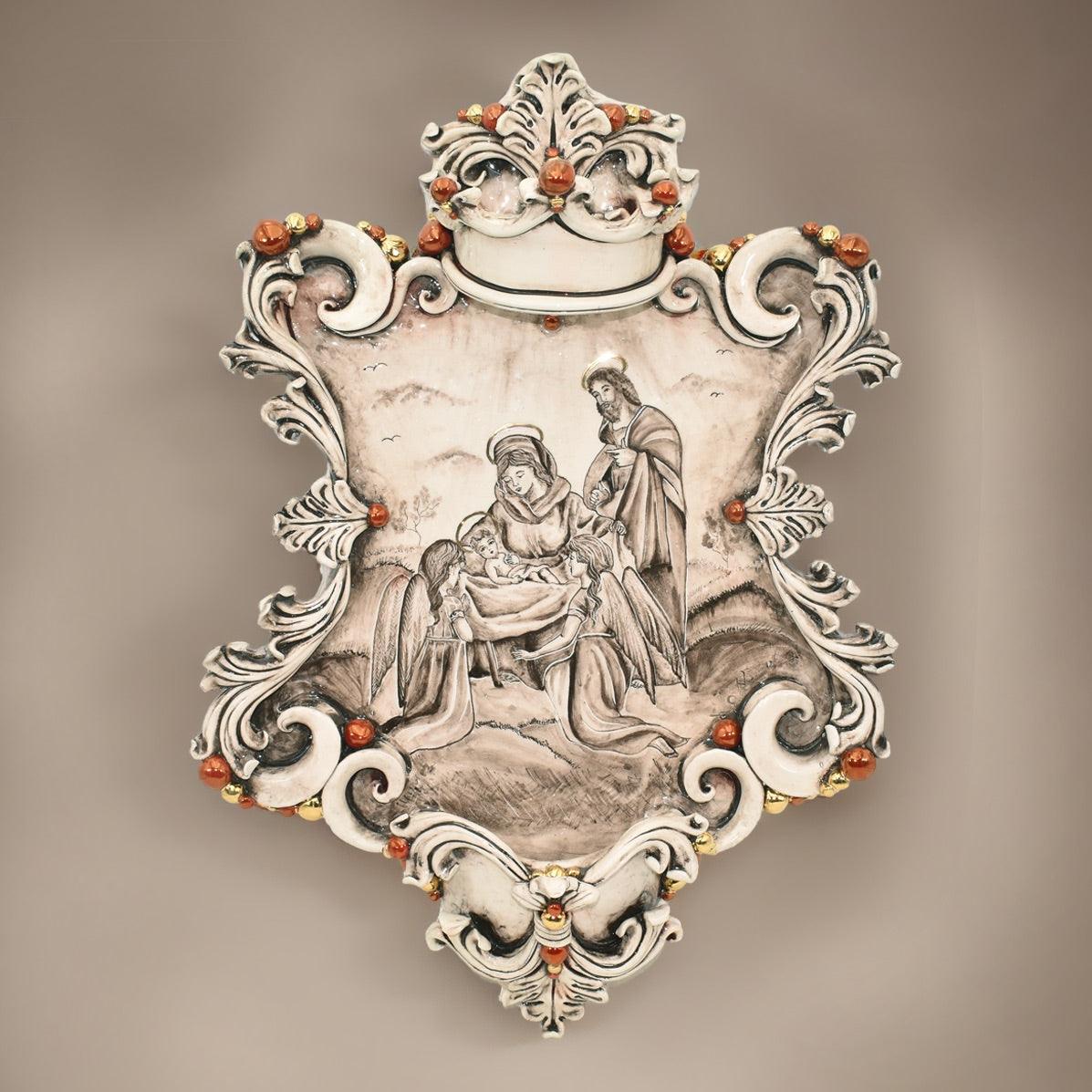 Acquasantiera maxi appl rettangolare 35×45 natività c/angeli madreperla antichizzato oro e lustri - Ceramiche di Caltagirone Sofia