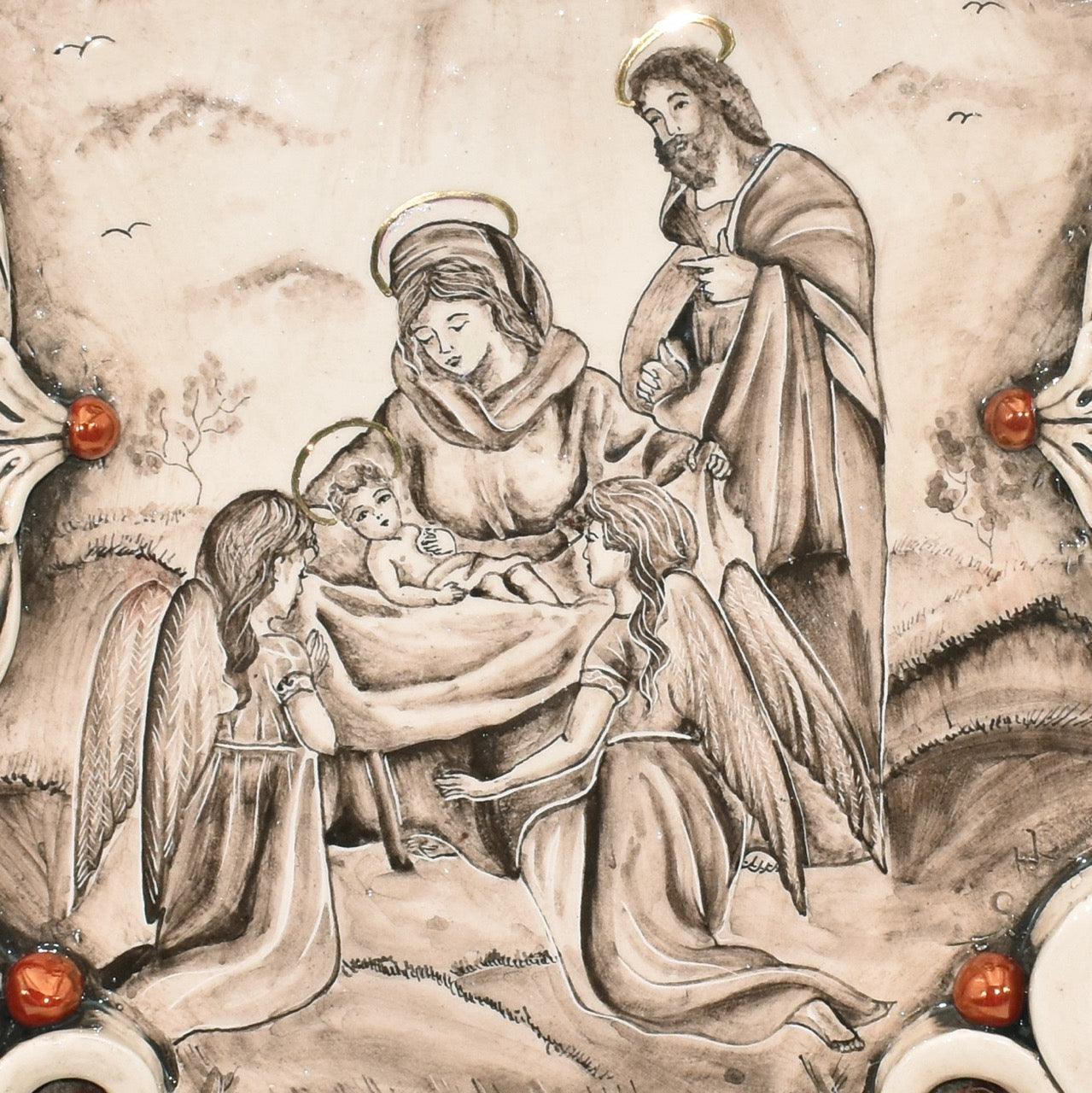 Acquasantiera maxi appl rettangolare 35×45 natività c/angeli madreperla antichizzato oro e lustri - Ceramiche di Caltagirone Sofia