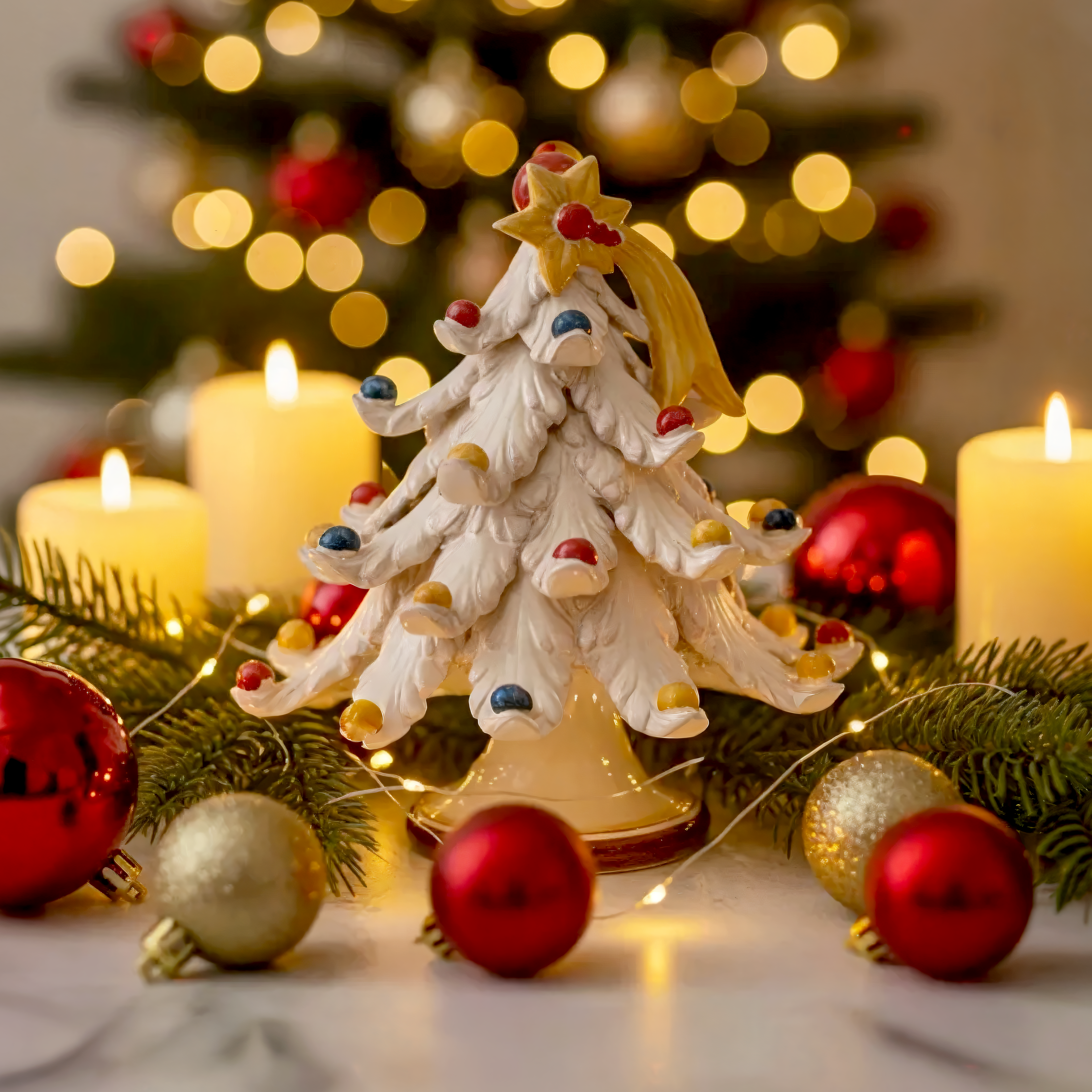 Albero di Natale in ceramica di Caltagirone fatti a mano, decorato, tra candele e sfere natalizie.
