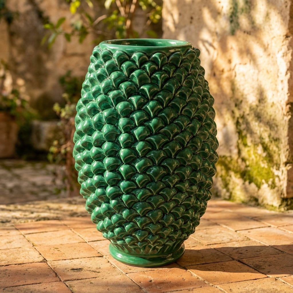 Vaso pigna di Caltagirone verde smeraldo modellata a mano