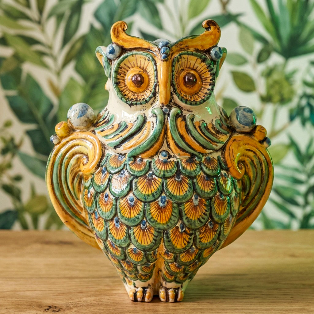Gufo h 30 verde/arancio - Animali in ceramica