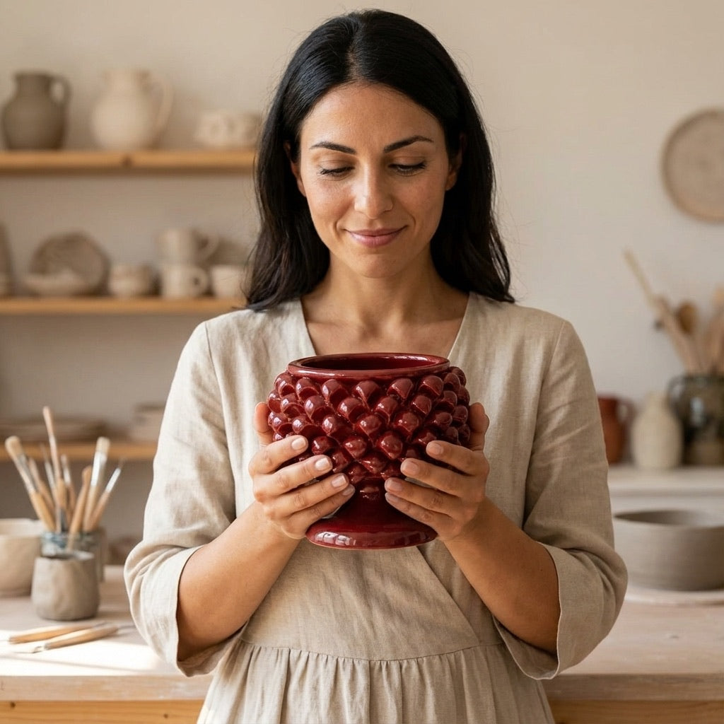 Vaso mezza pigna bordeaux in ceramica di Caltagirone