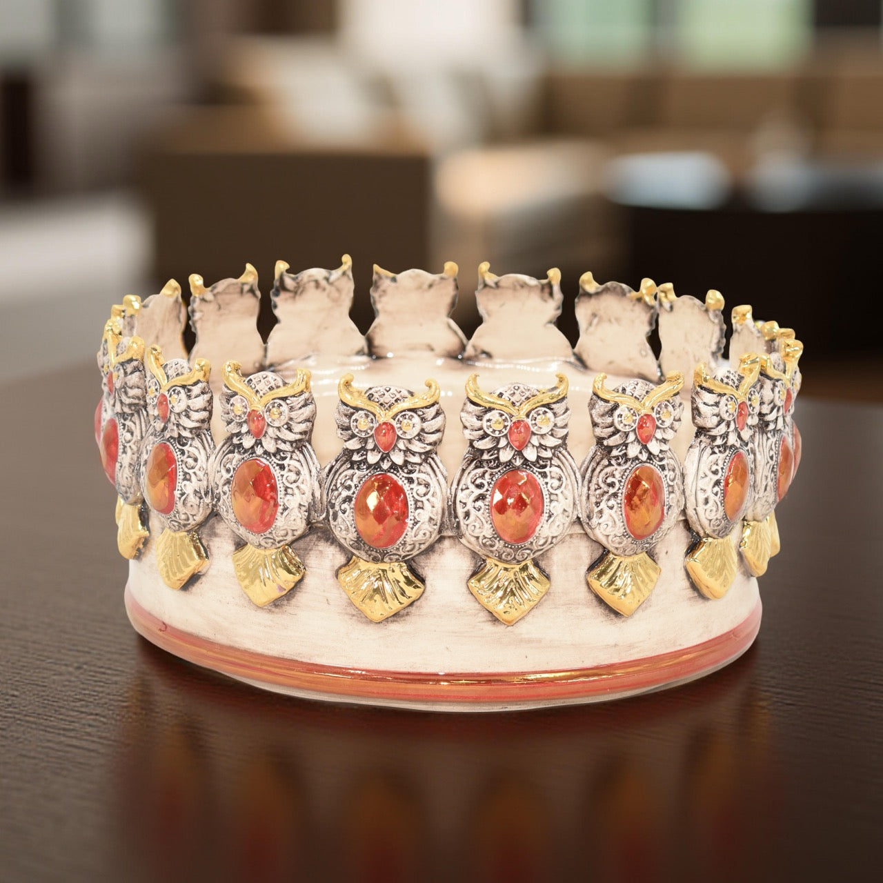 Centrotavola Ø 22 con Gufi in Rilievo - Madreperla Oro e Lustri - Ceramiche di Caltagirone Sofia