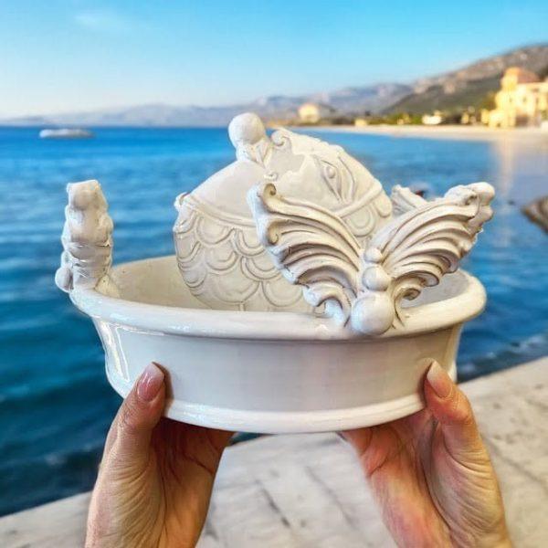 Centrotavola pesce Ø 28 plastico sofia white line - Ceramica artistica di Caltagirone - Ceramiche di Caltagirone Sofia