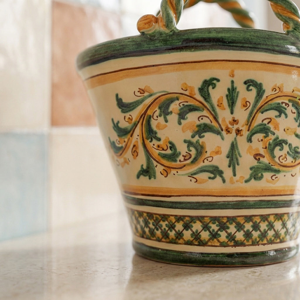 Coffa H 25 in Ceramica di Caltagirone, Linea Verde e Arancio - Ceramiche di Caltagirone Sofia