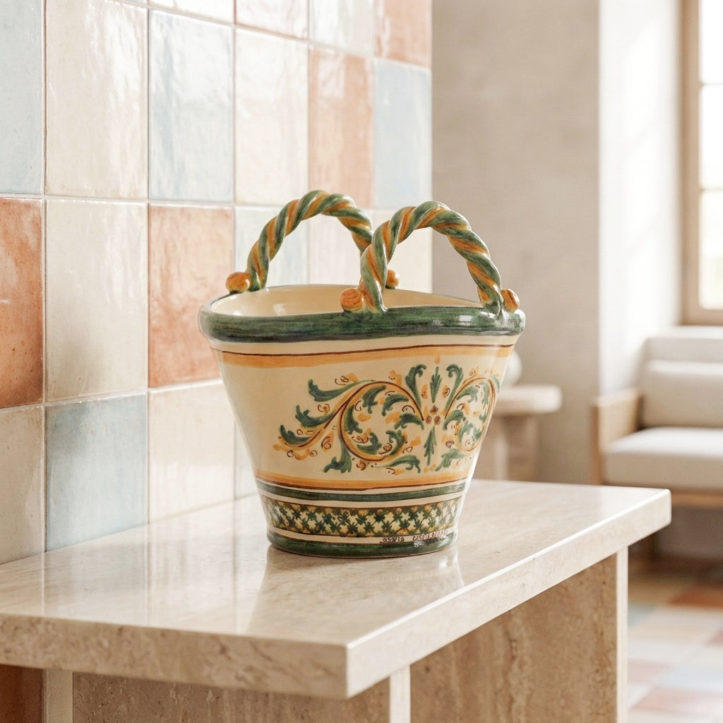 Coffa H 25 in Ceramica di Caltagirone, Linea Verde e Arancio - Ceramiche di Caltagirone Sofia